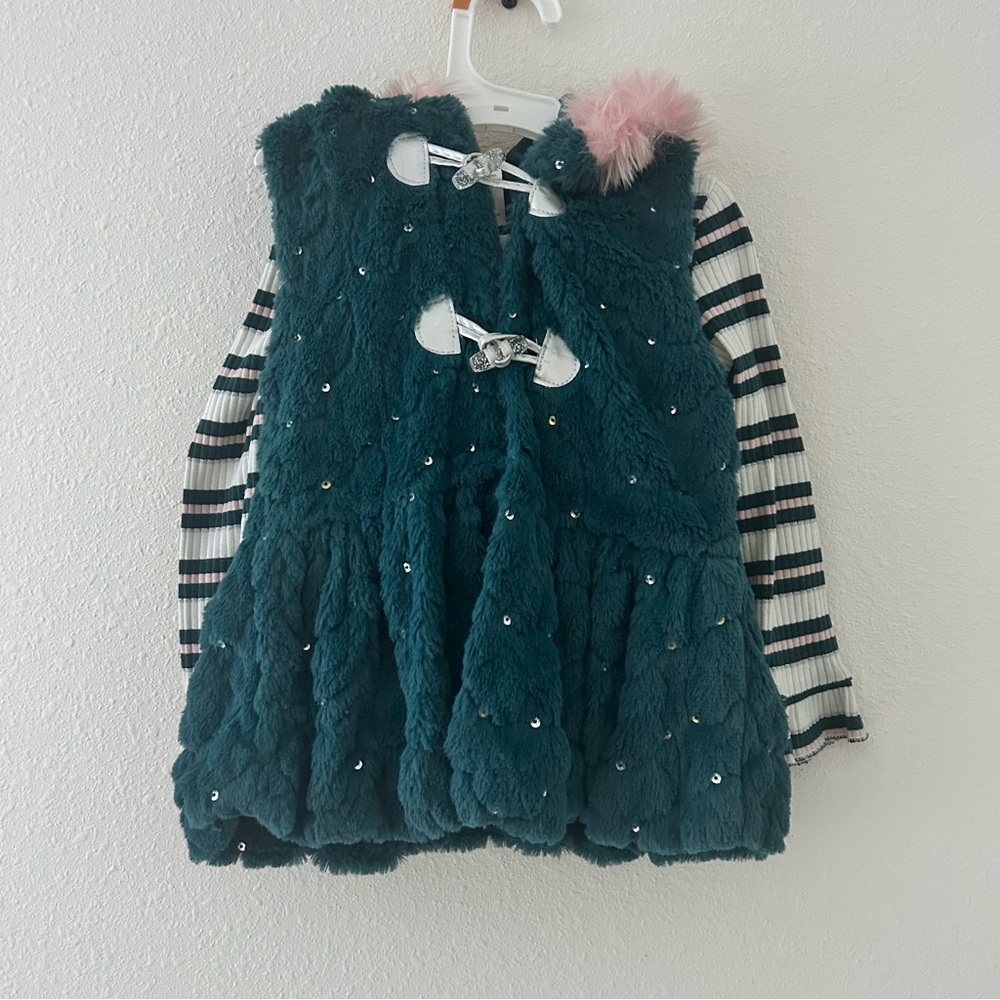 Little Lass Teal and Pink Furry Vest with Long Sleeve Striped Shirt